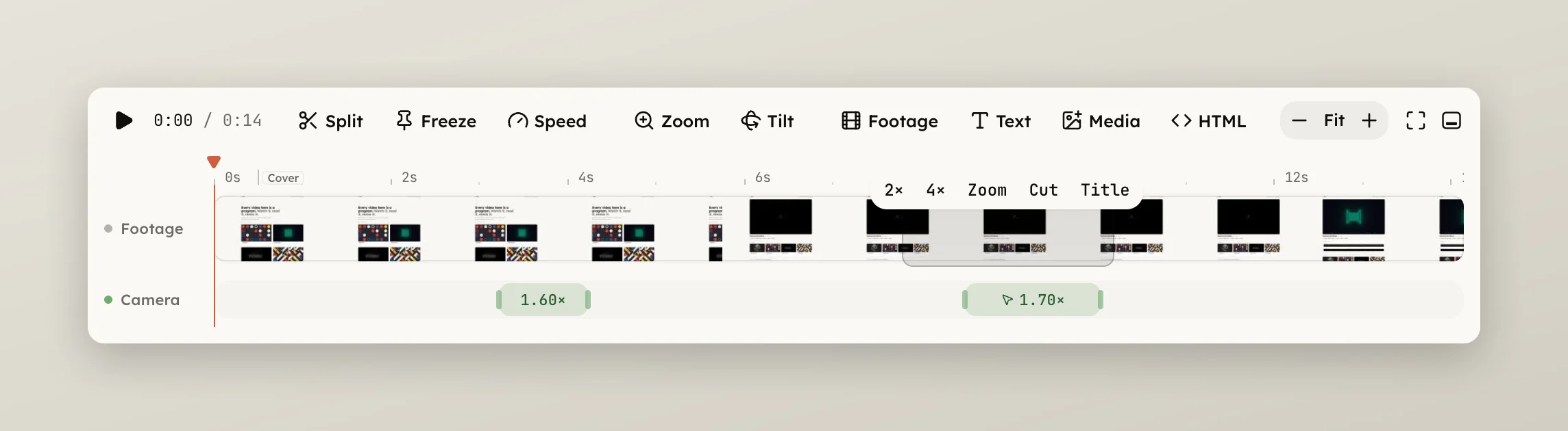 A dragged range on the footage with the 2×, 4×, Zoom, Cut and Title chips