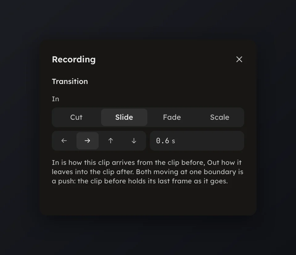 The Recording panel's Transition group with Slide picked