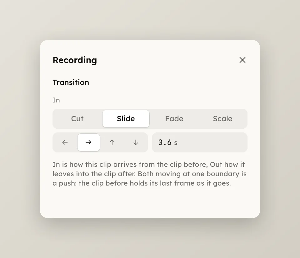 The Recording panel's Transition group with Slide picked