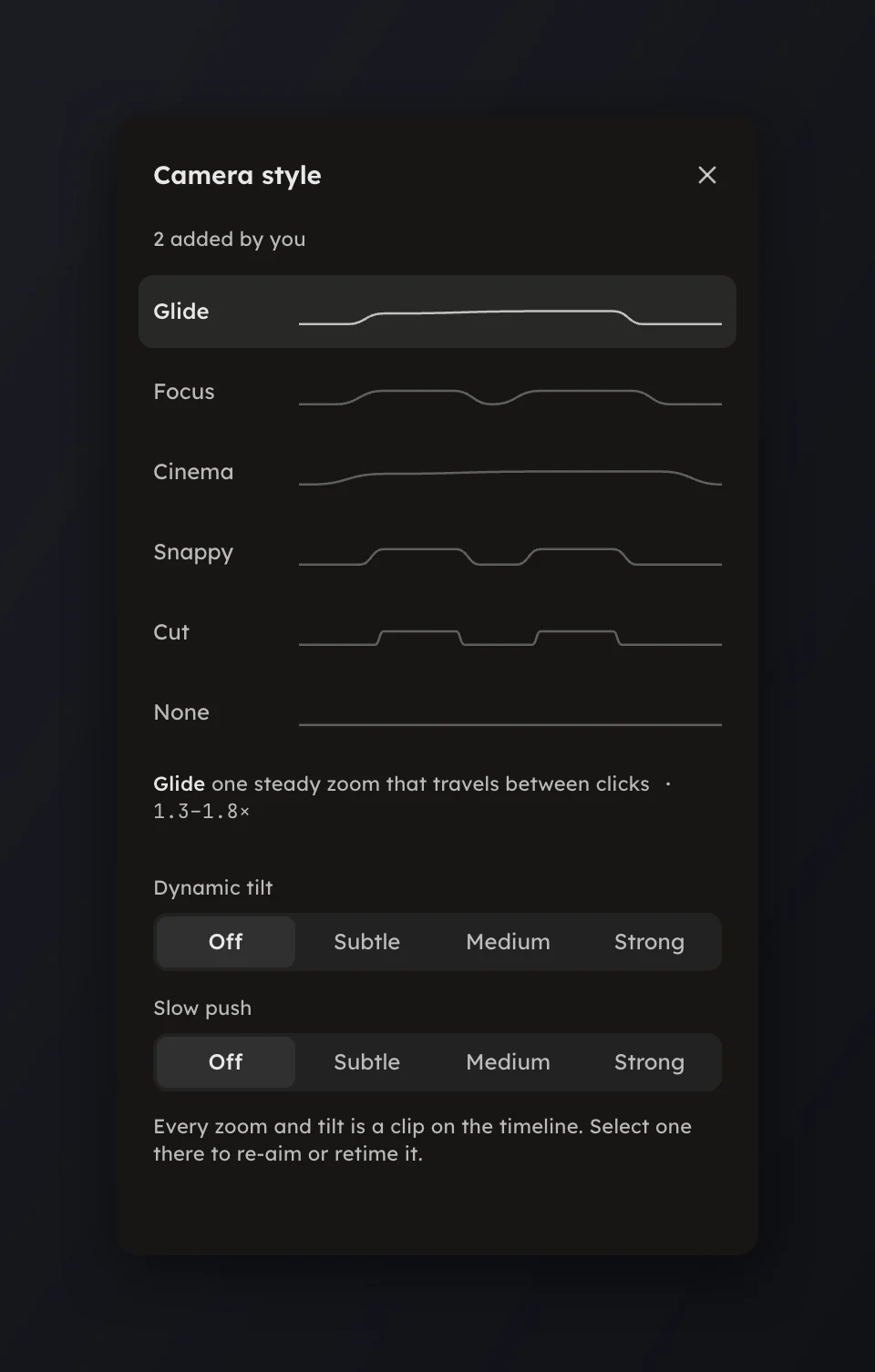 The Camera page with the style rows and Dynamic tilt