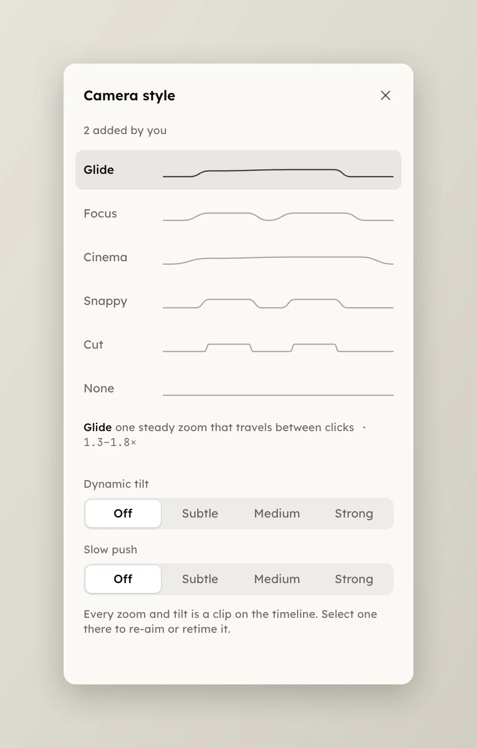 The Camera page with the style rows and Dynamic tilt