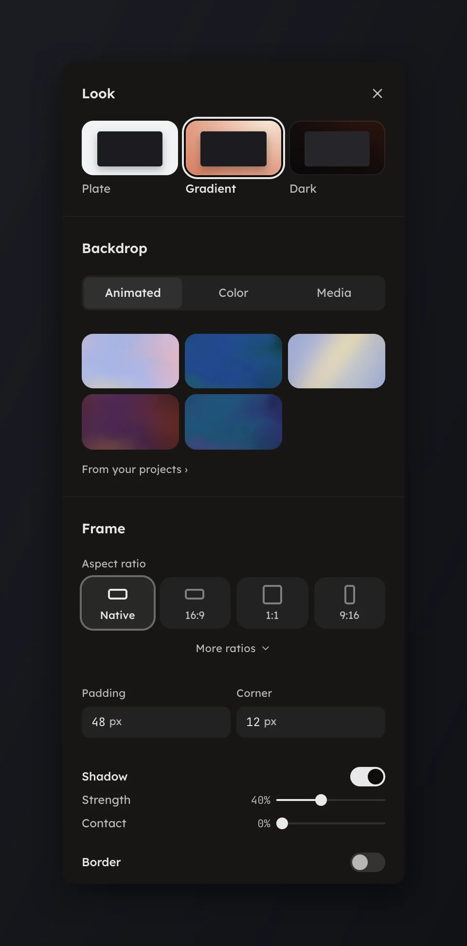 The Frame page with the aspect ratio tiles and padding