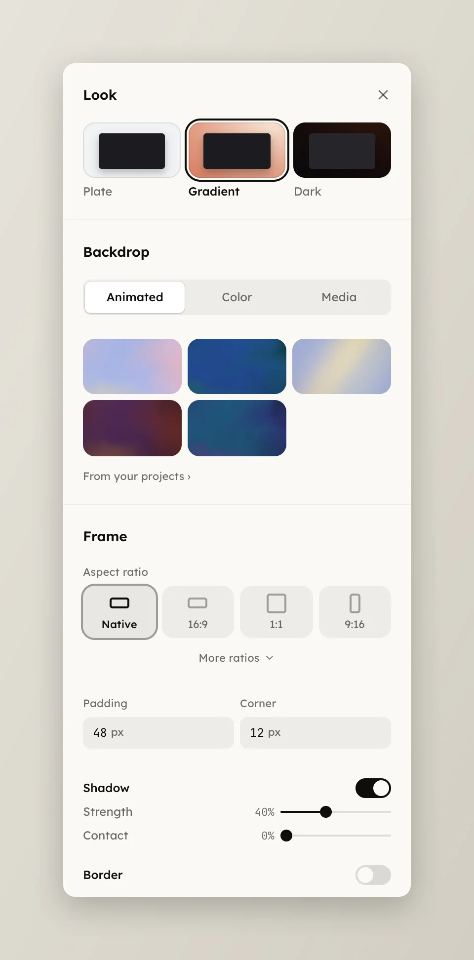 The Frame page with the aspect ratio tiles and padding