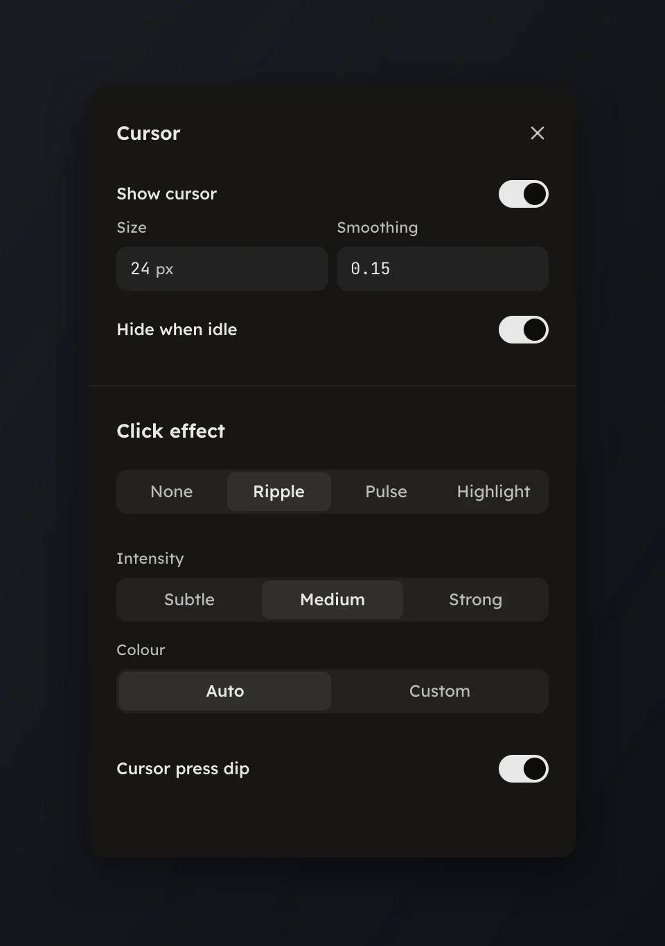 The Cursor page with the click effect set to Ripple