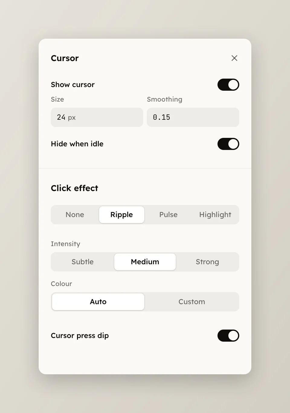 The Cursor page with the click effect set to Ripple