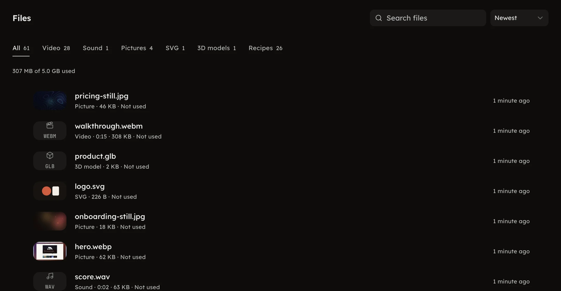 The Files page listing a picture, a clip, a sound and a 3D model, each with its size and whether a program uses it