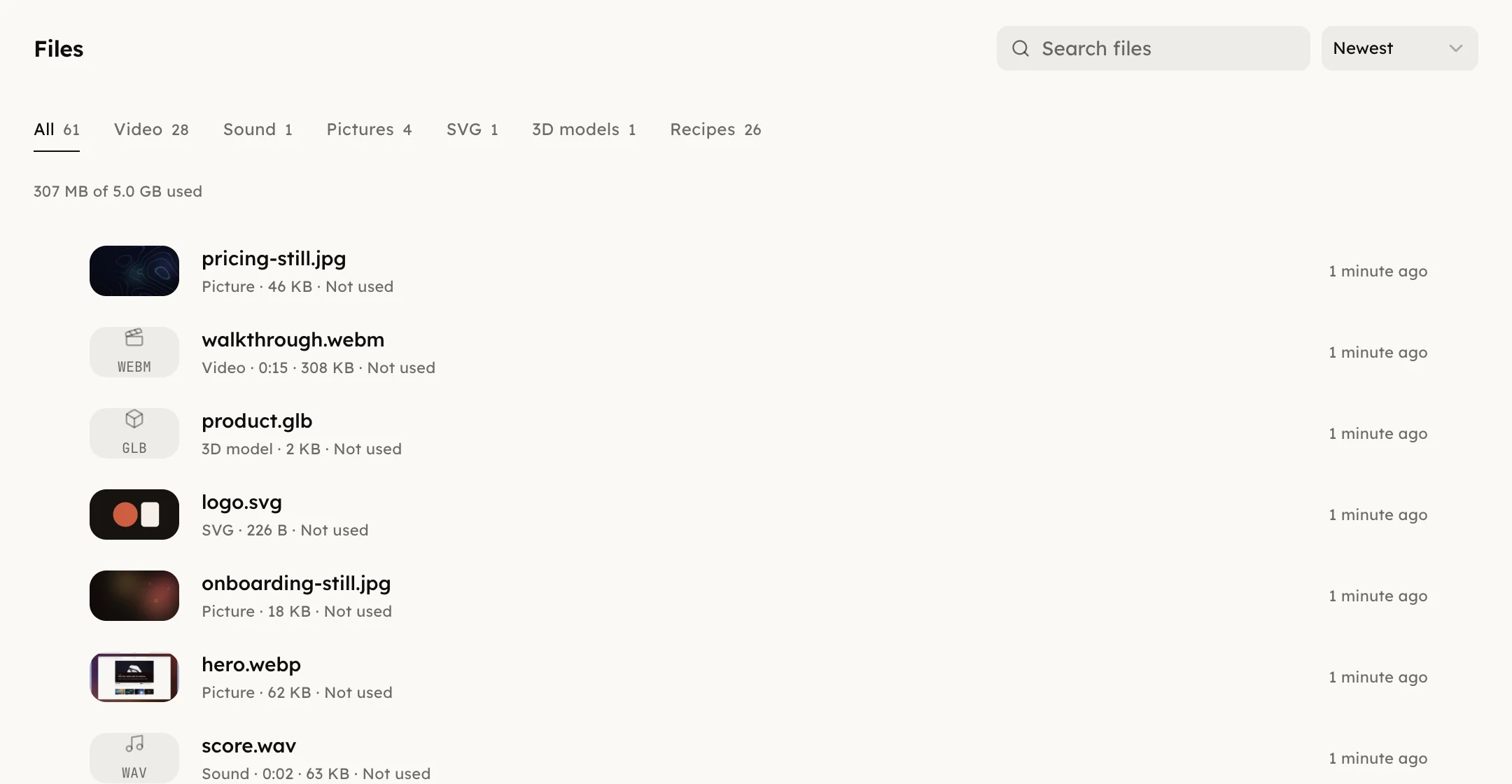 The Files page listing a picture, a clip, a sound and a 3D model, each with its size and whether a program uses it