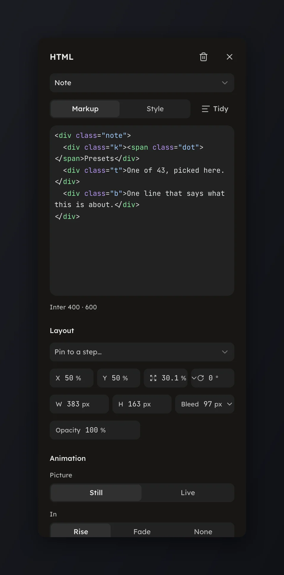 An HTML layer's panel: the Picture control in the Animation group reads Still or Live