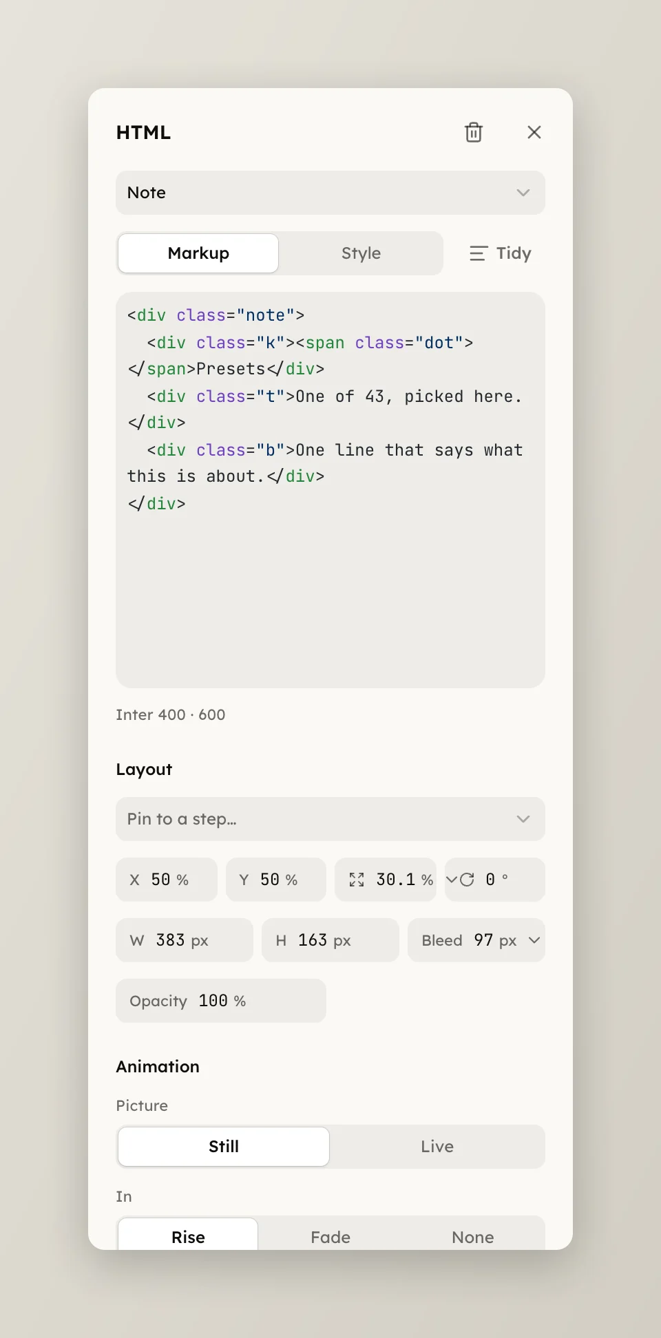 An HTML layer's panel: the Picture control in the Animation group reads Still or Live