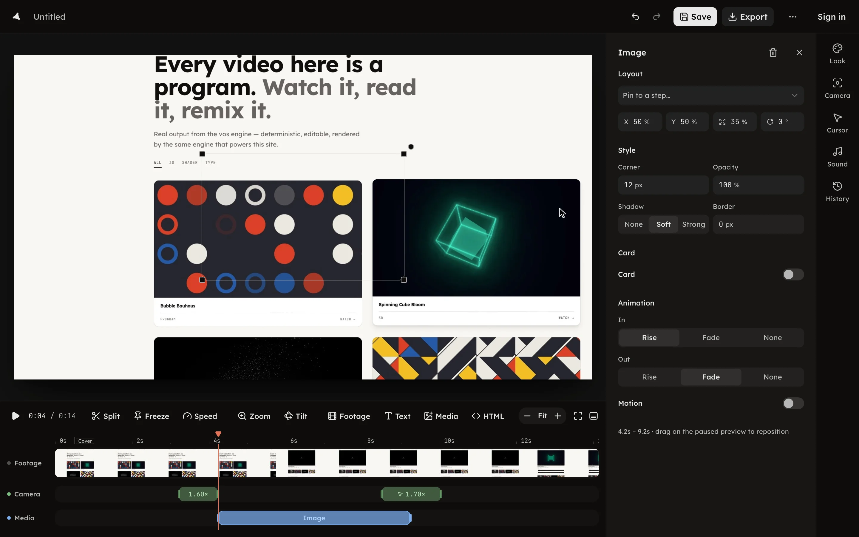 An image layer selected with the Media panel open