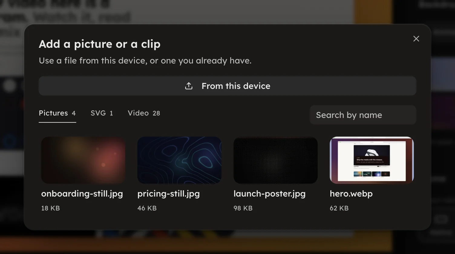 The picker, with From this device above the pictures already on file
