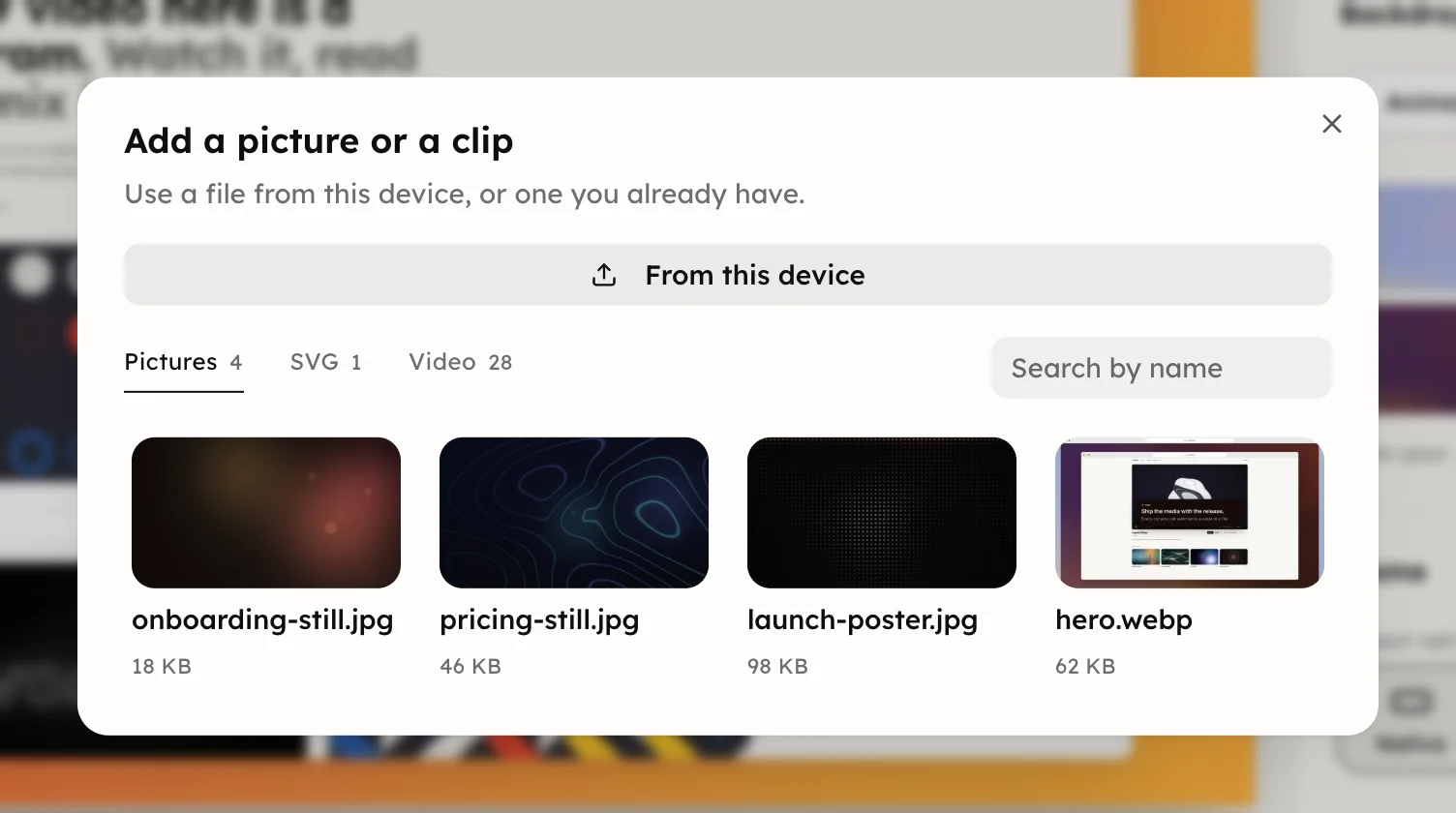 The picker, with From this device above the pictures already on file