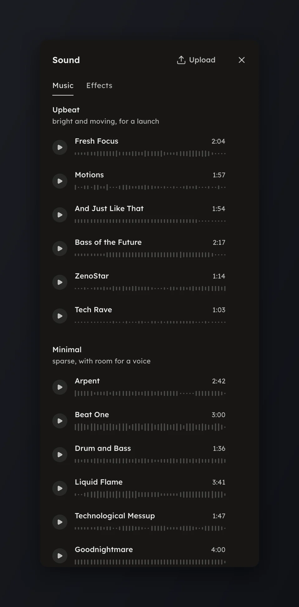 The Soundtrack page listing music tracks