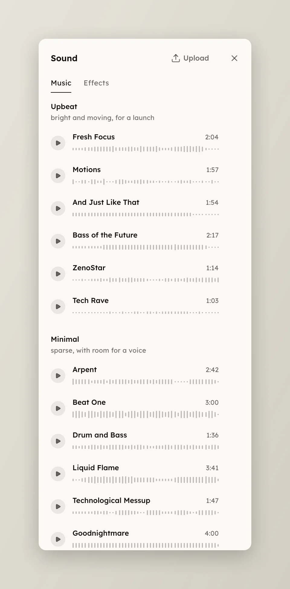 The Soundtrack page listing music tracks