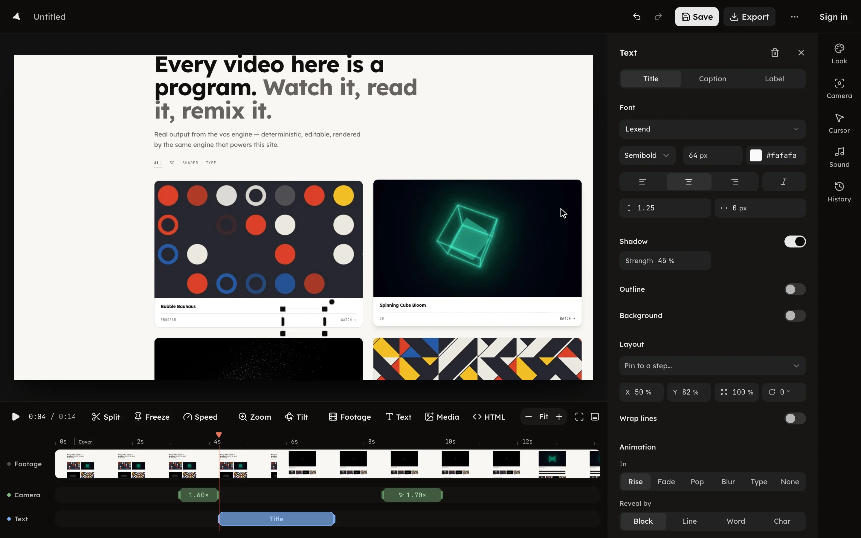 A title selected on the canvas with the Text panel open