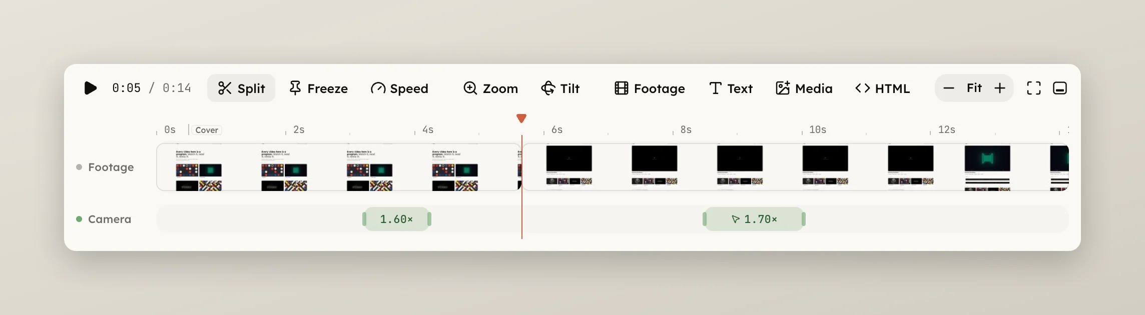 The footage split into two clips on the Video row