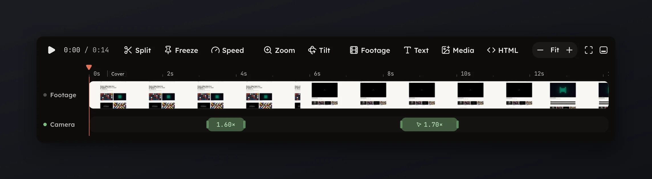 The Camera row with two planned zooms on the timeline