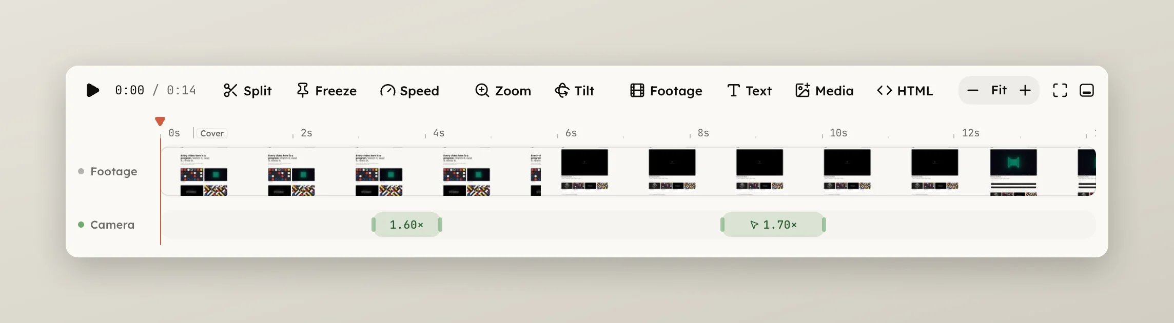 The Camera row with two planned zooms on the timeline