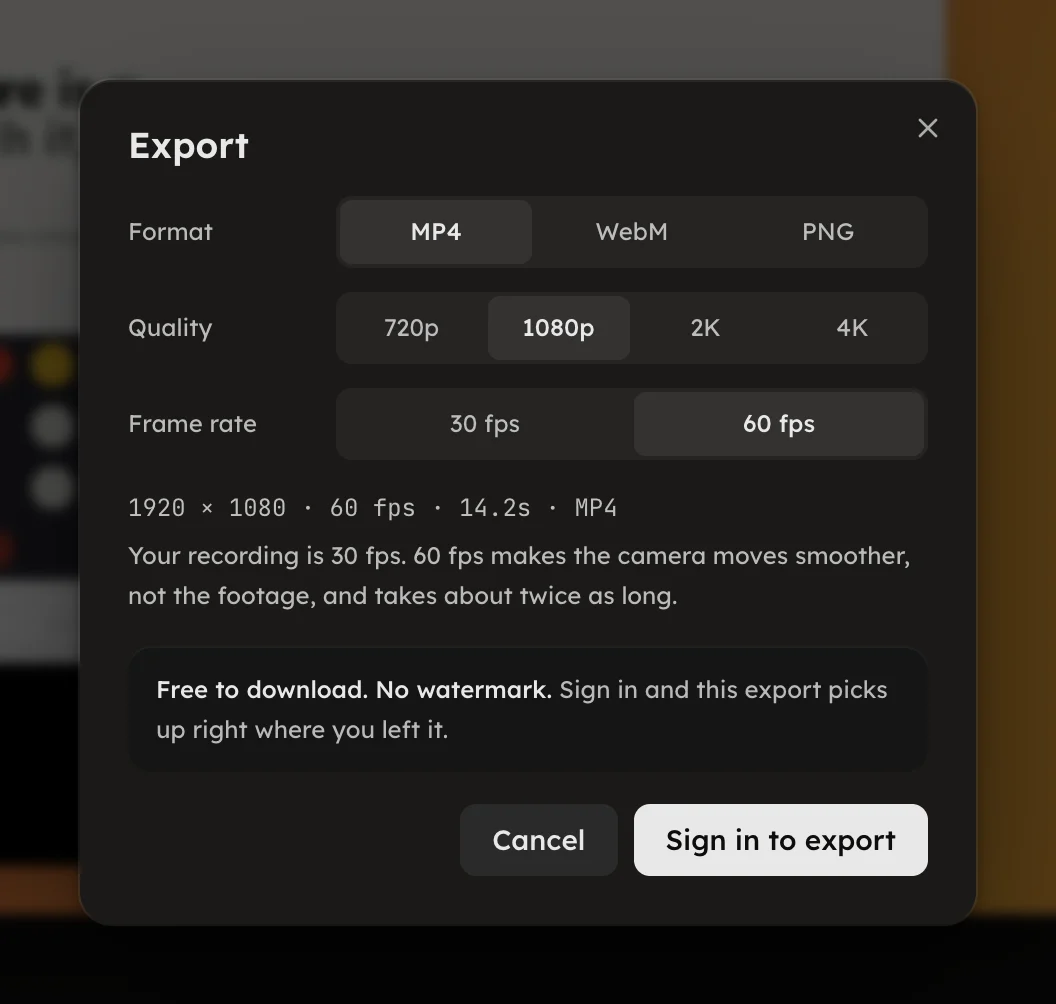 The Export dialog: Format, Quality and Frame rate rows, then the facts line