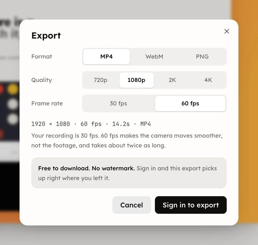 The Export dialog: Format, Quality and Frame rate rows, then the facts line