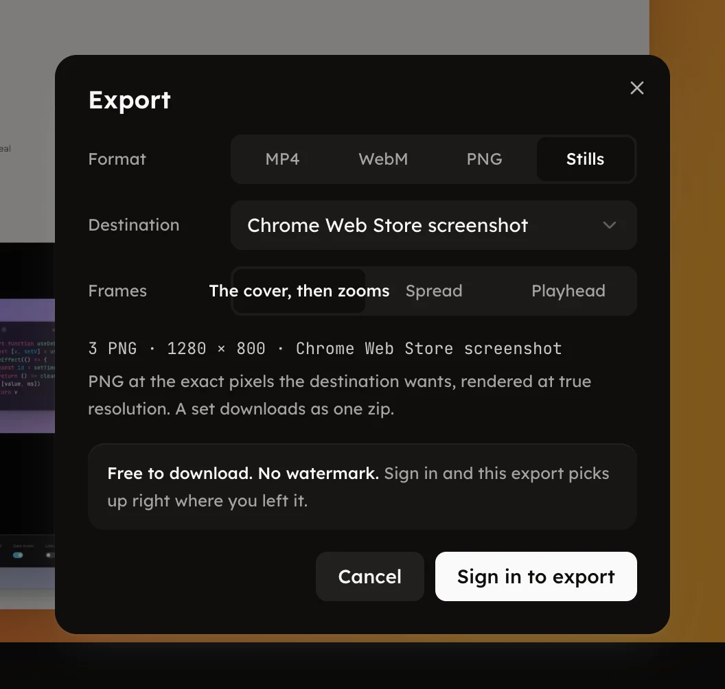 The Export dialog set to Stills with a destination picked