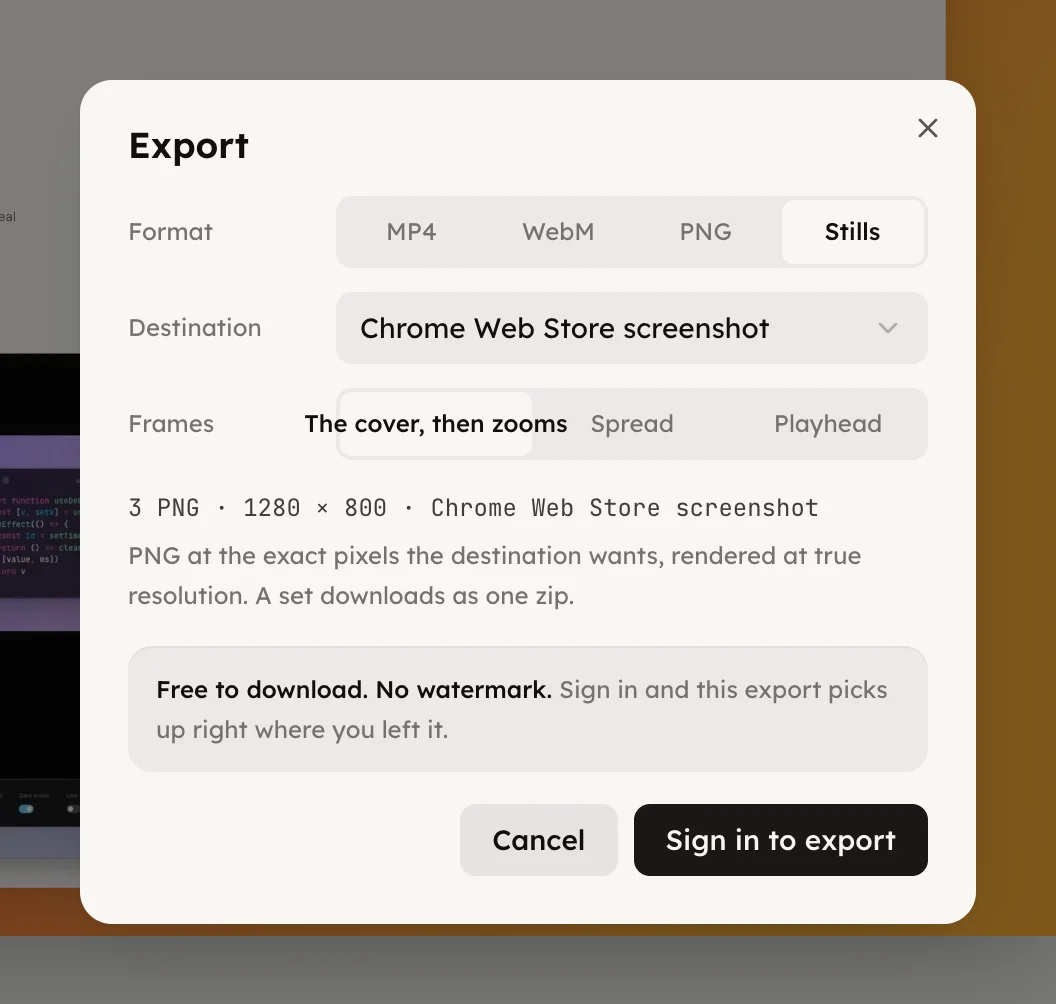 The Export dialog set to Stills with a destination picked