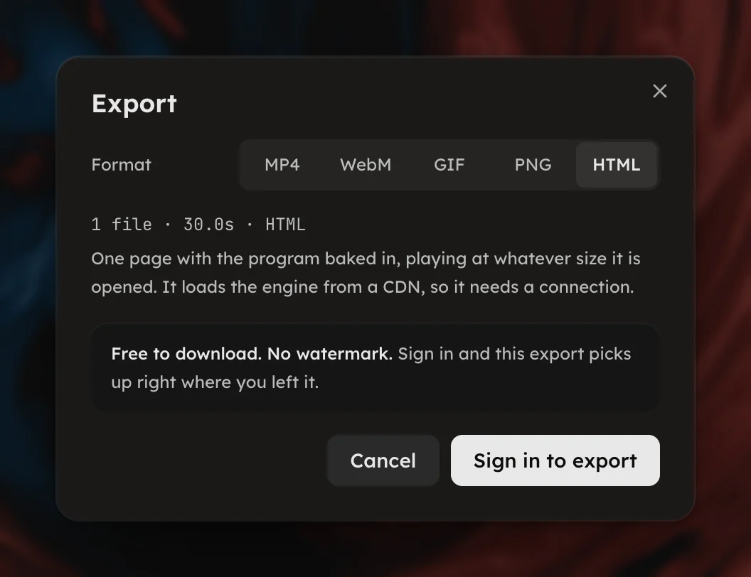 The Export dialog with the HTML format chosen