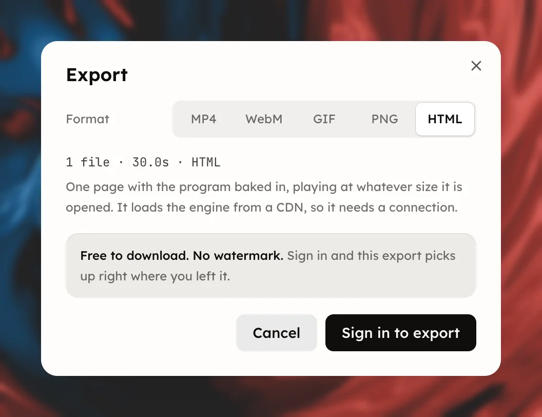 The Export dialog with the HTML format chosen
