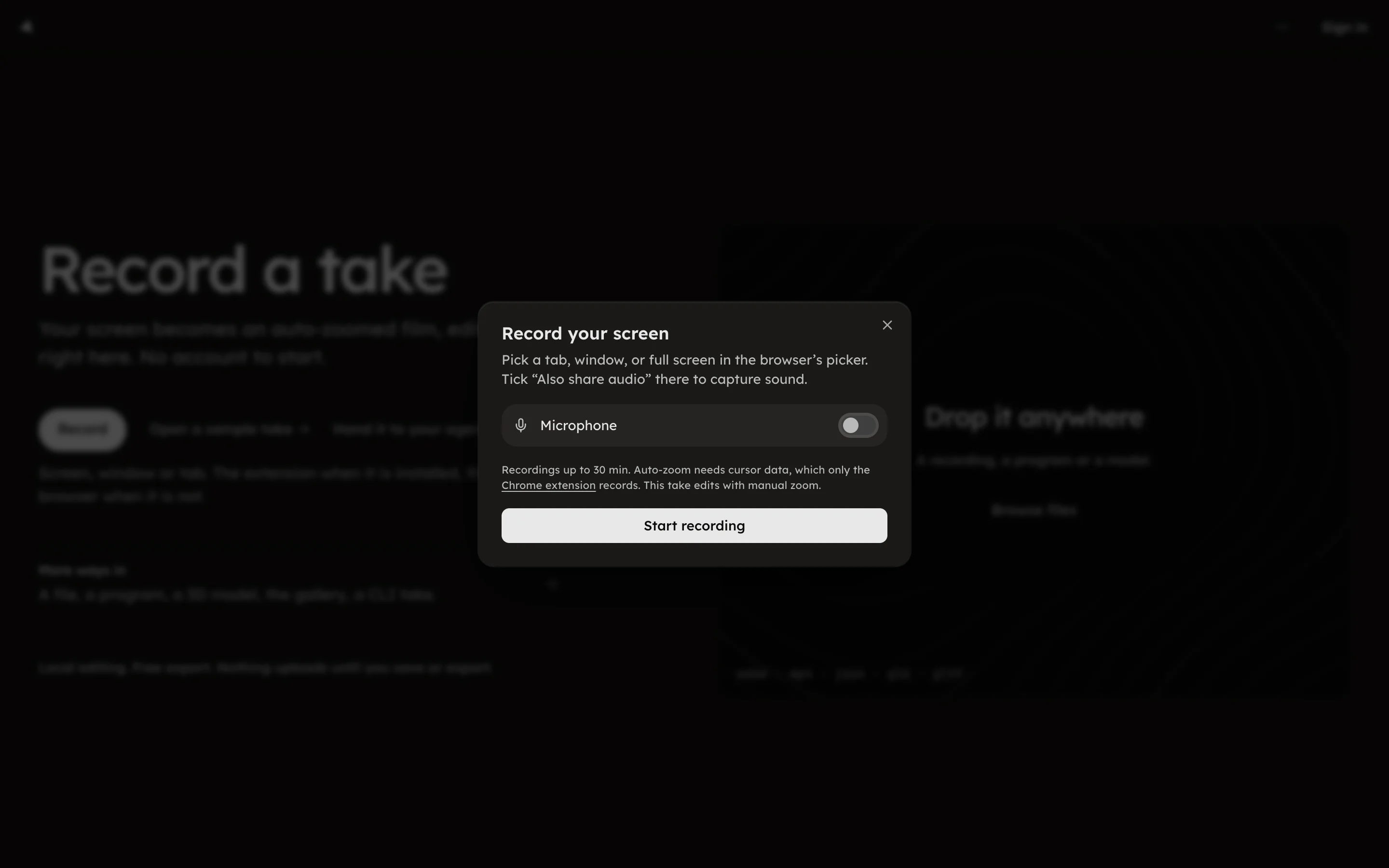 The Record your screen dialog in the studio