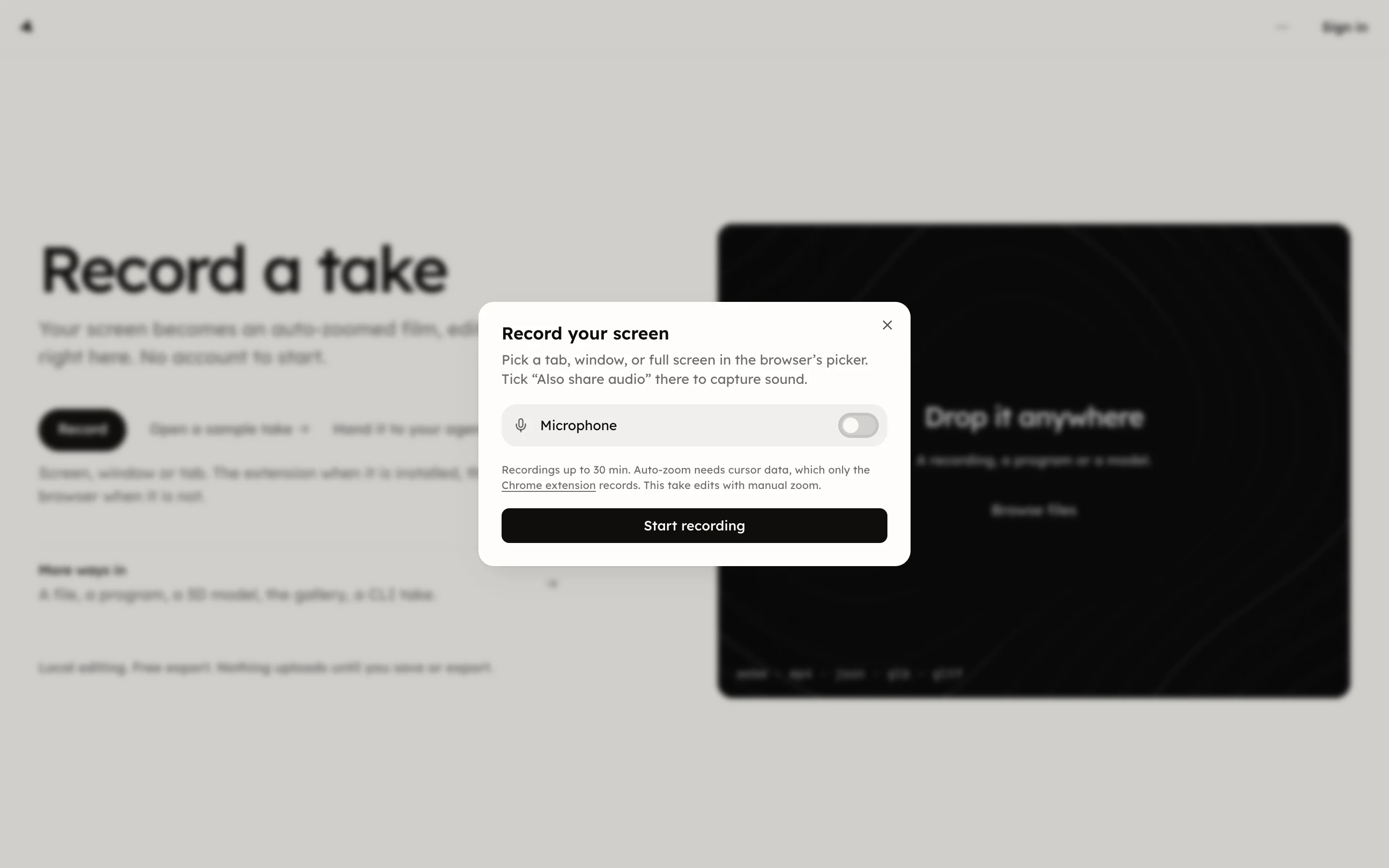 The Record your screen dialog in the studio