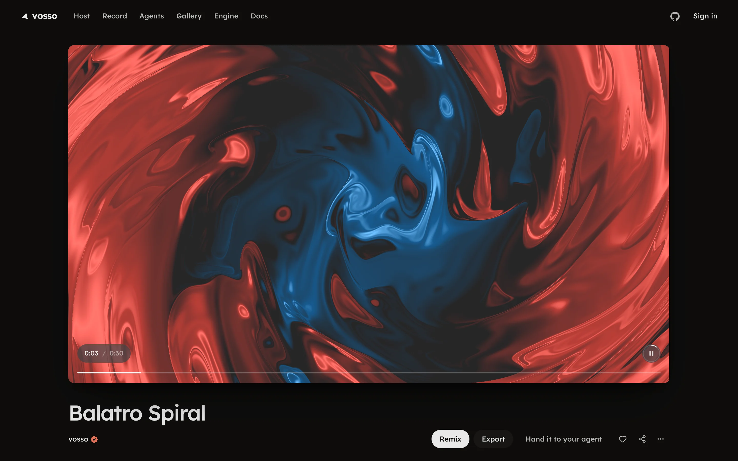 A public watch page with Remix, Export and the link verbs
