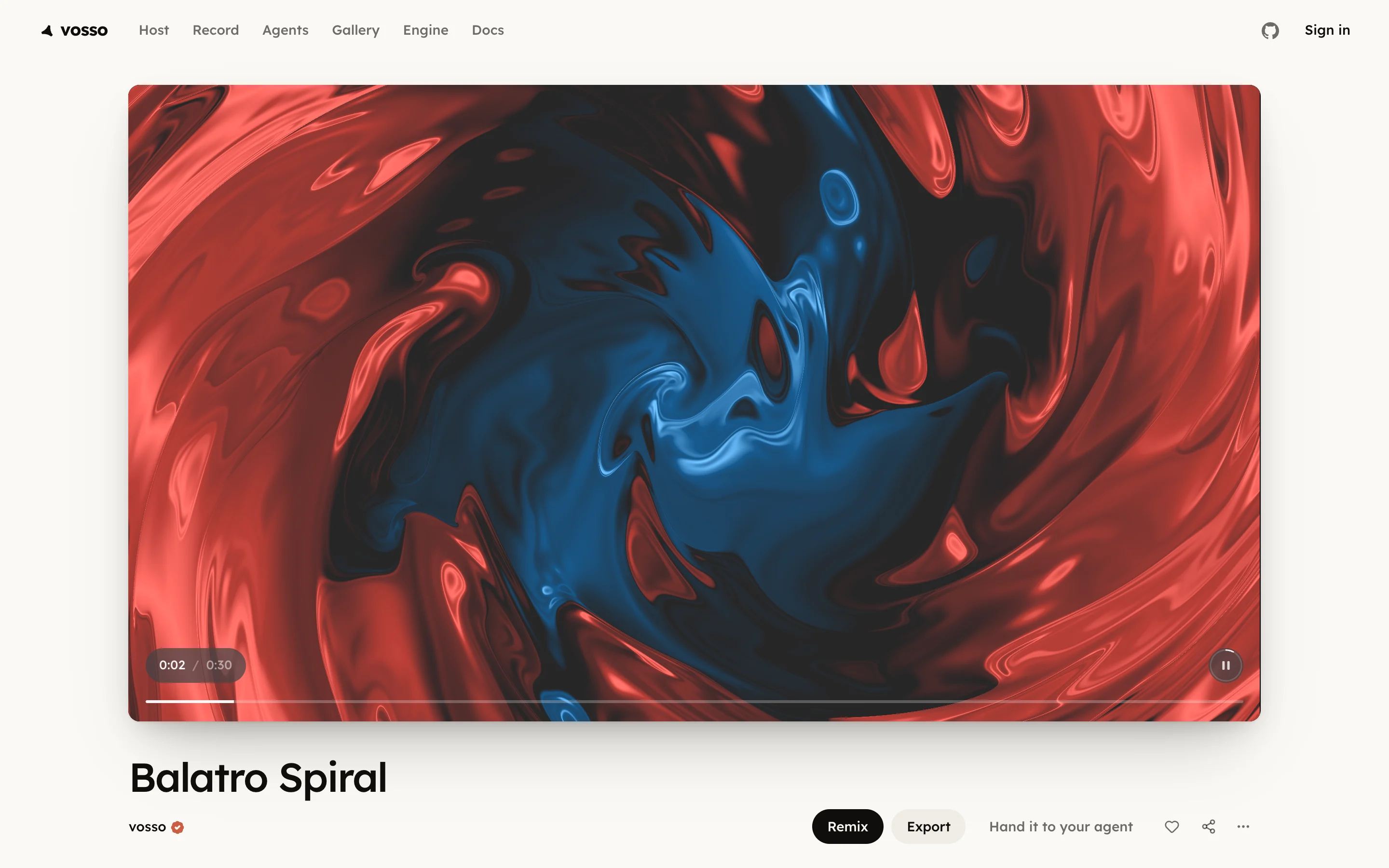 A public watch page with Remix, Export and the link verbs
