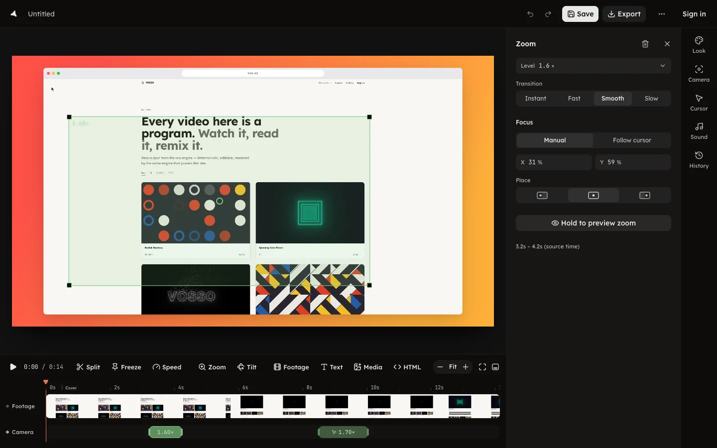 Selecting a zoom span and dragging its focus rectangle on the canvas