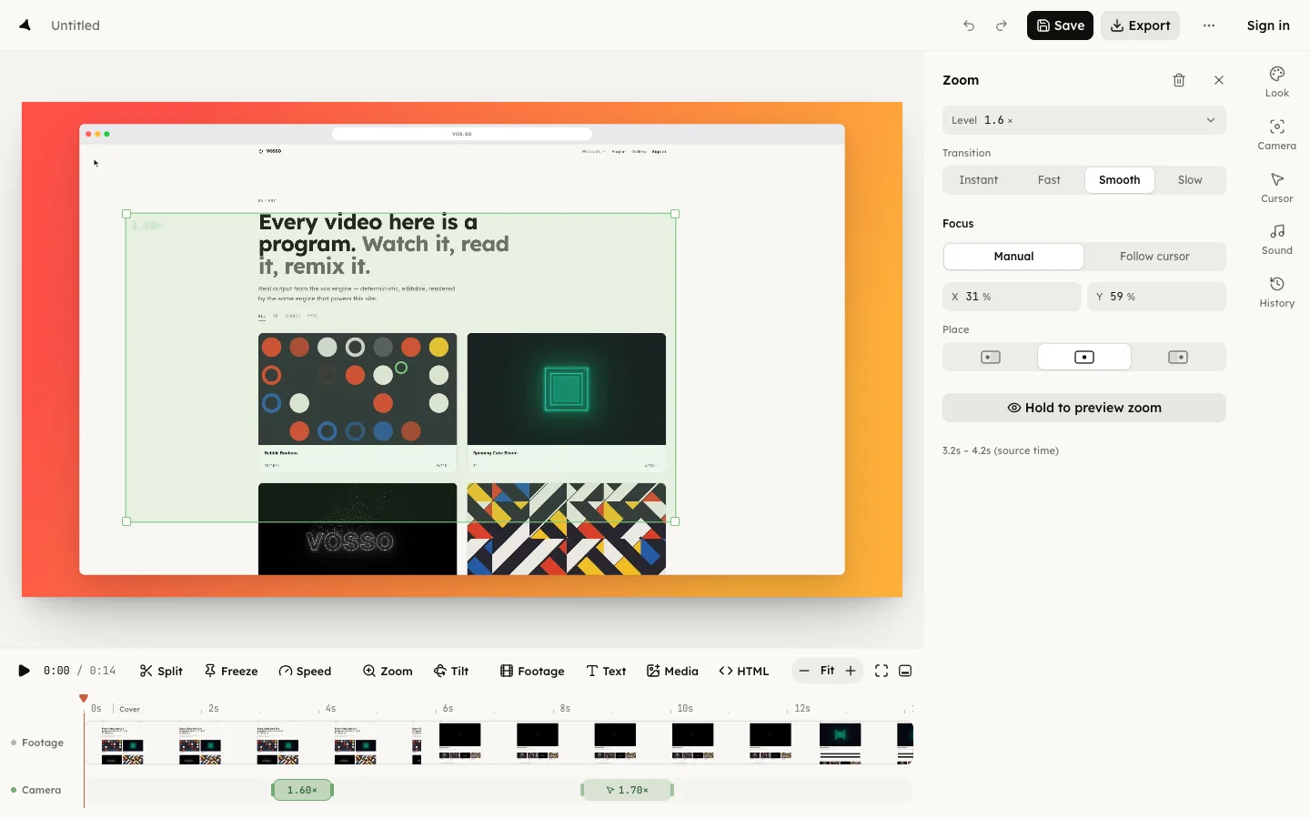 Selecting a zoom span and dragging its focus rectangle on the canvas